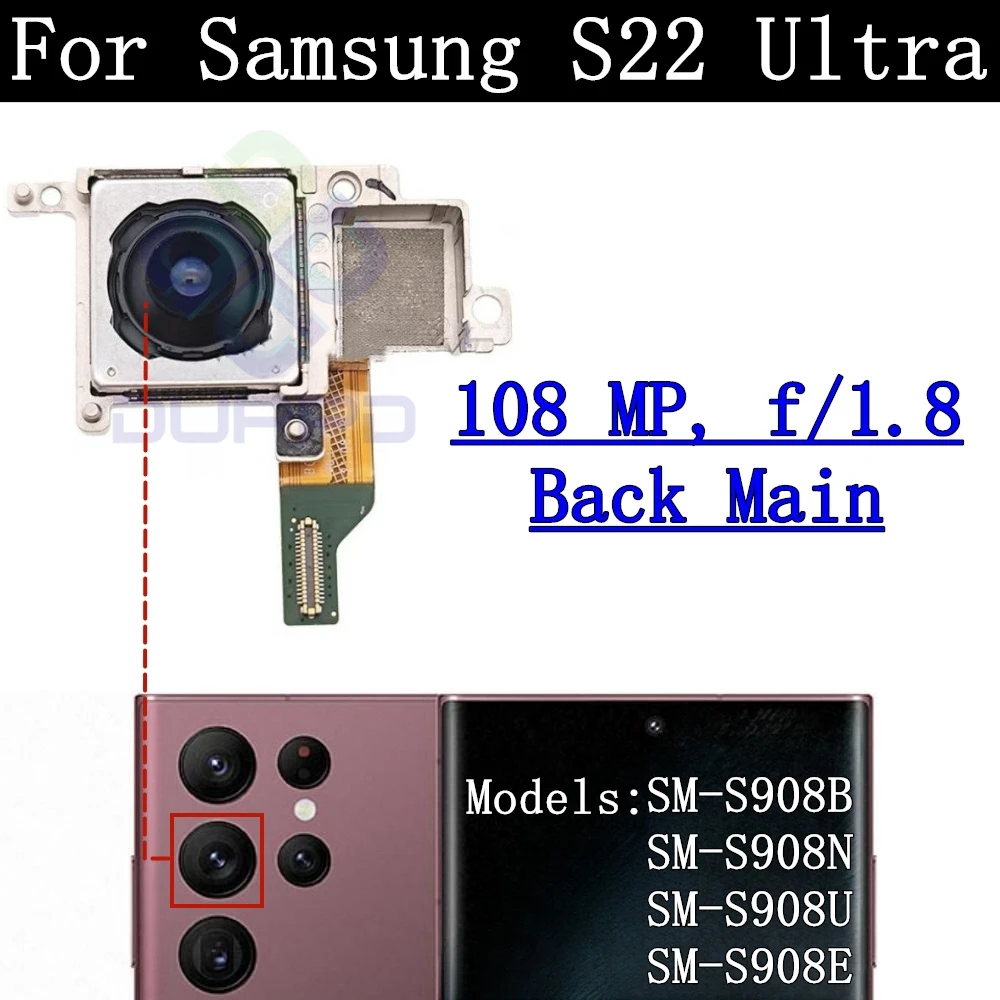 Rear Camera For Samsung Galaxy S22 Ultra Front Selfie Small Facing Main Wide Back Camera Module Flex Frame Glass Lens