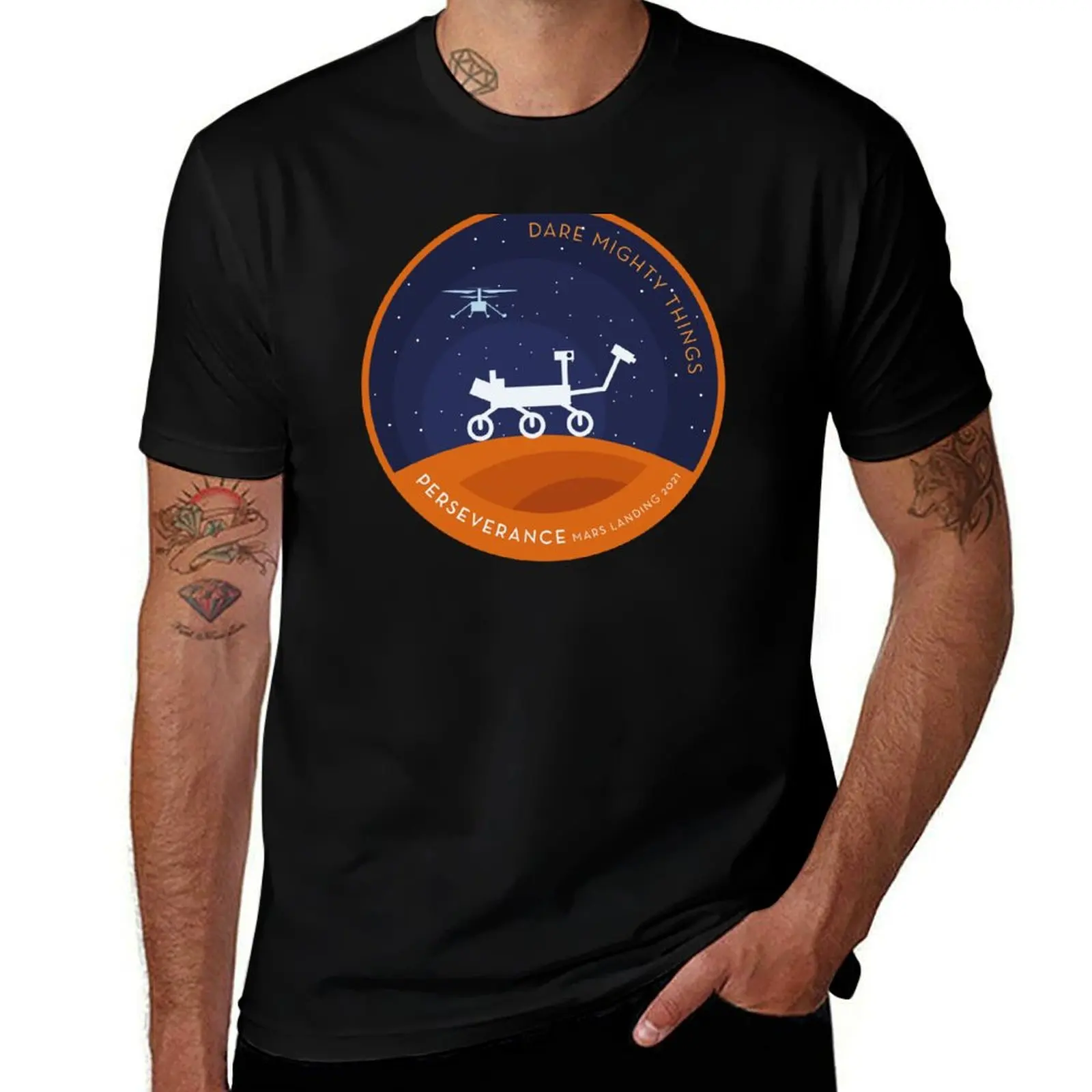 Perseverance Rover Mars Night Silhoutte Homage Patch T-Shirt Large Size Soft Cotton T-Shirt