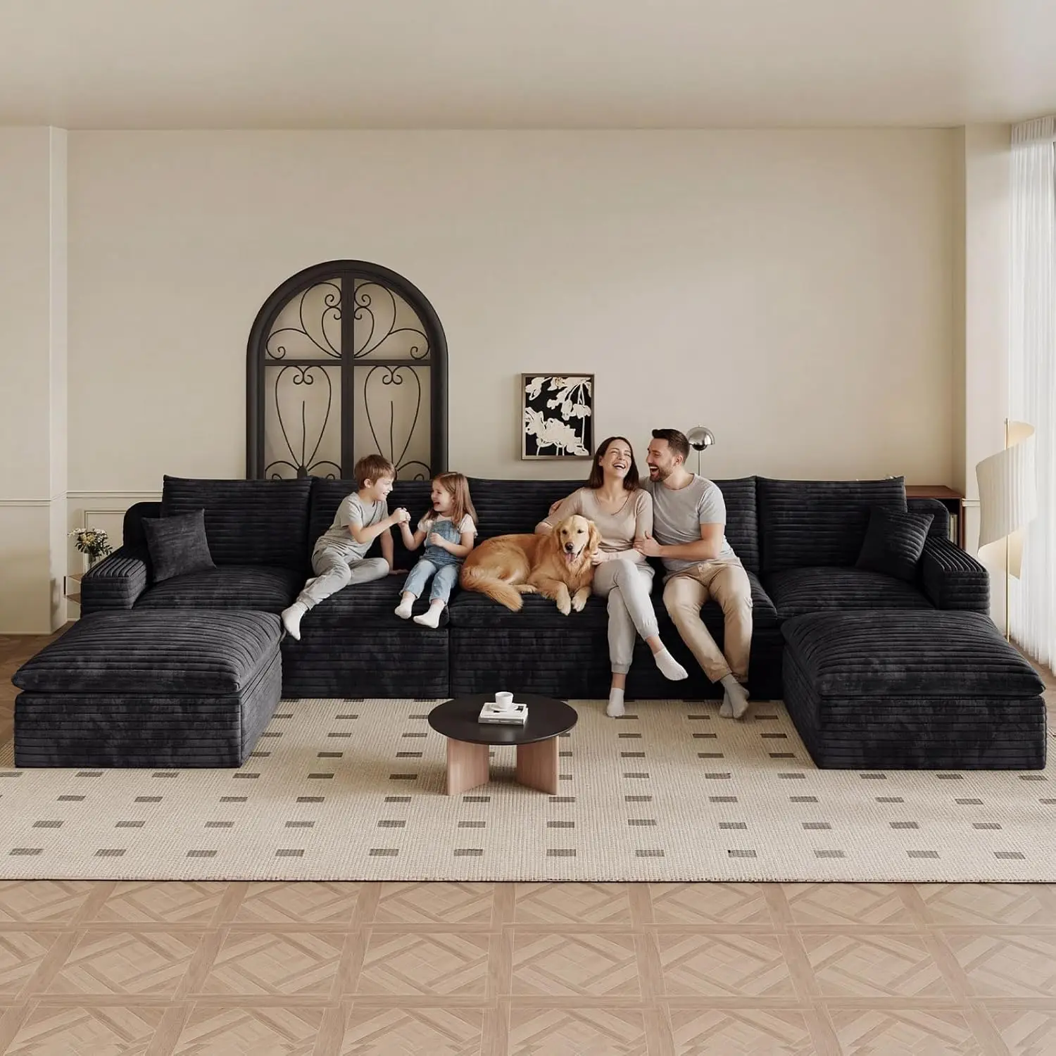 

165.5" U-Shape Modular Sectional Sofa with Ottoman Deep Seat Corduroy 7-Seat Living Room Bedroom No Assembly Black, Customized