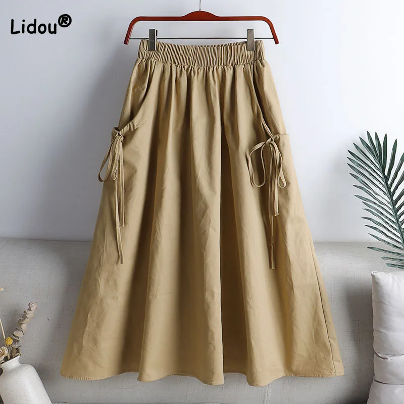 

Fashionable Solid Color Lace Up Spliced Loose Skirt Female Korean All-match Elastic High Waist Midi Skirts Summer Women Clothing