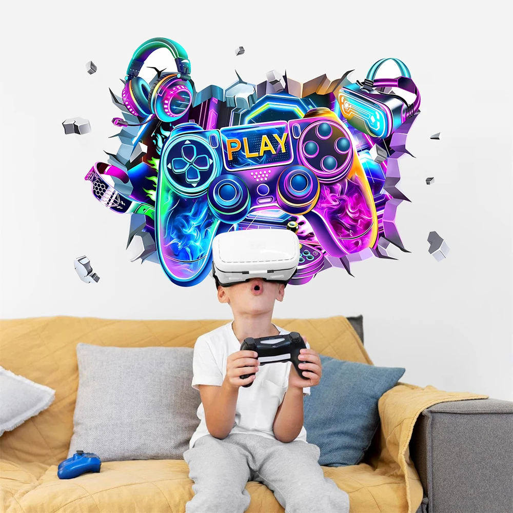 Adesivos de Parede 3D com Tema de Controle de Jogo e Headset, Arte Neon com Efeito de Buraco Quebrado, Decalques de Vinil Removíveis para Decoração de Quarto de Jogos de Adolescentes