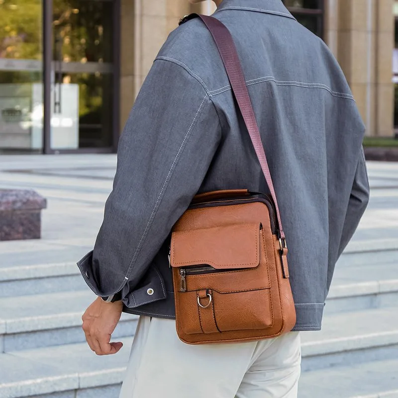 

PU leather large-capacity flat storage men's crossbody bag, retro multi-pocket travel hand and shoulder bag