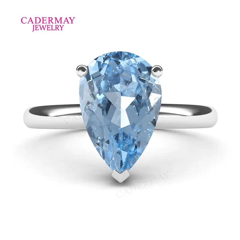 

Cadermay Jewelry 925Silver 8x12mm 3.5ct Pear Shape Super Santa Maria Blue Lab Grown Spinel Solitaire Ring For Women Wedding Gift