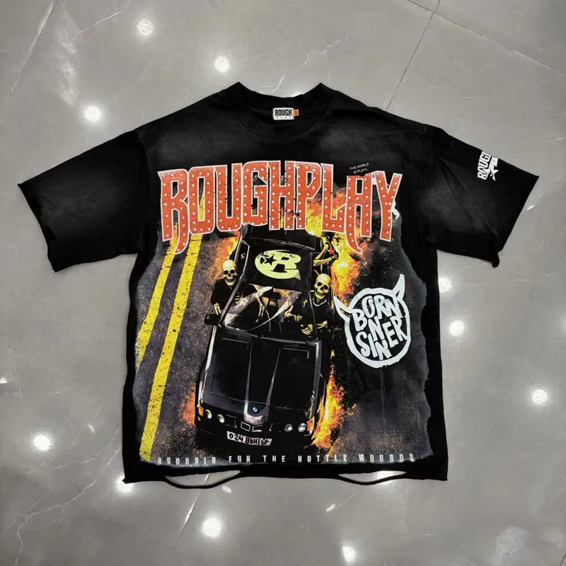American Retro Washed Water Top T-shirt Summer New Skull Print Damaged Roughplay Short Sleeved T-shirt