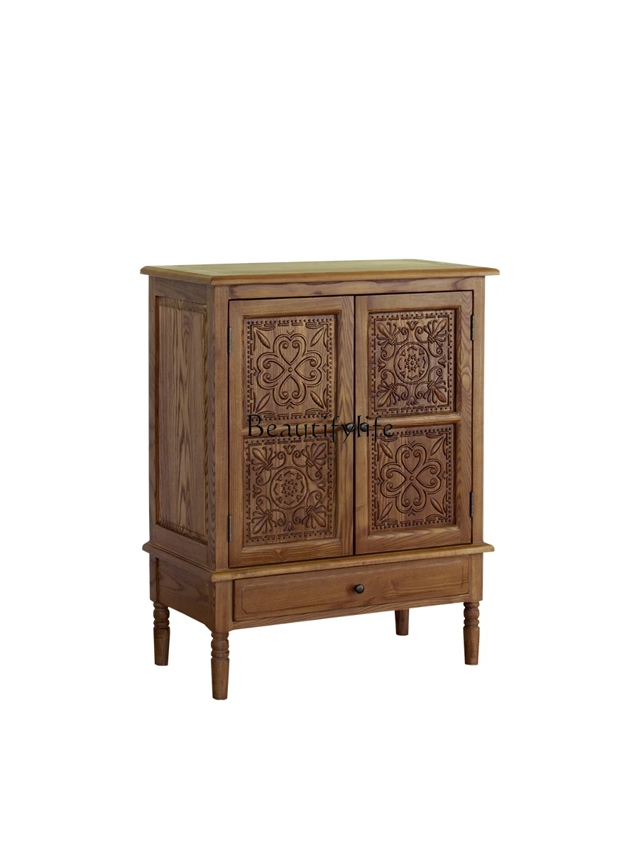 

American Country Solid Wood Chest of Drawers Vintage Pastoral Style Carved Locker Oak Storage Belt Drawer Side Cabinet