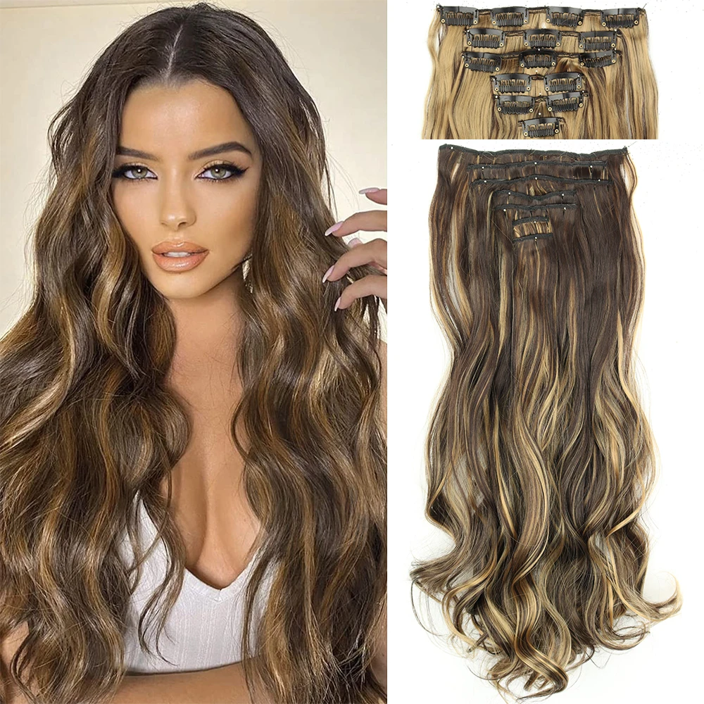 

16 Clips 7Pcs/Set Hair Extensions Long Wavy Hairstyle Natural Synthetic Black Blonde Hairpieces Heat Resistant For Women