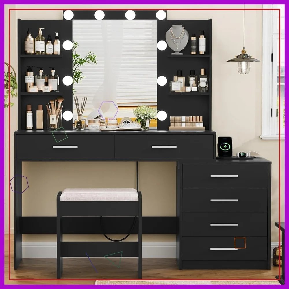 Escritorio de Maquillaje LED Grande con Estación de Carga, 7 Cajones y Almacenamiento para Maquillaje, Dormitorio o Baño