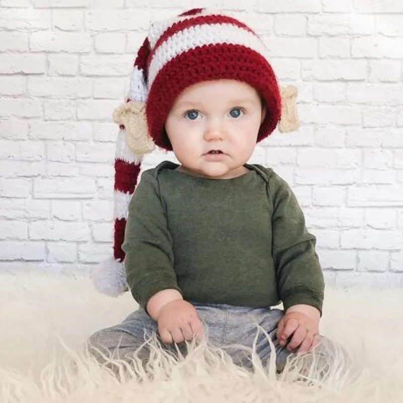 BeQeuewll Elf Hat with Ears Cute Red and White Striped Hat Knitted Hat Christmas Halloween Hat for Adults Kids For Winter