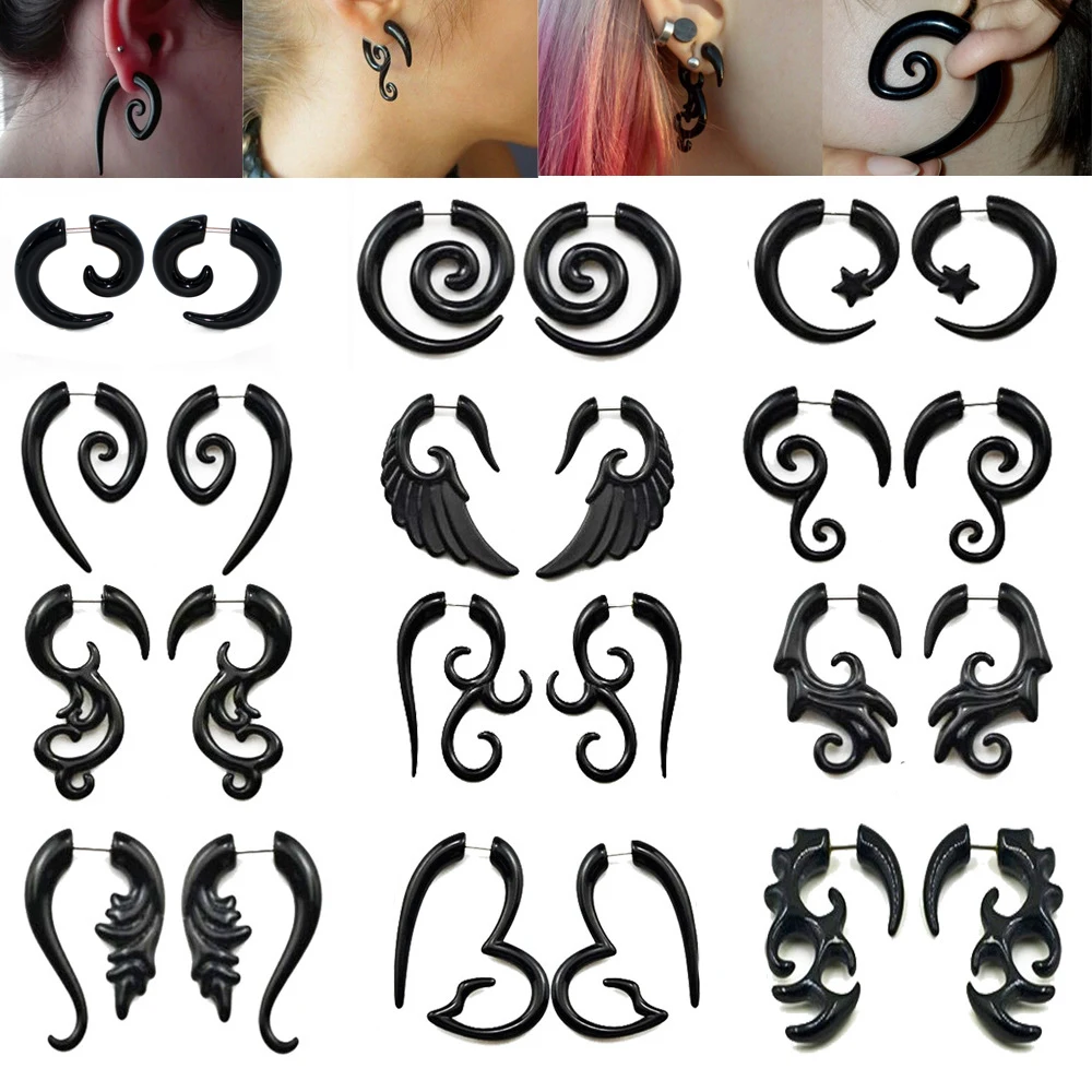 1Pair Black Acrylic False Ear Expander Stainless Steel Asymmetric Snail Spiral  Irregular Wings Ear Taper Punk Style Earrings