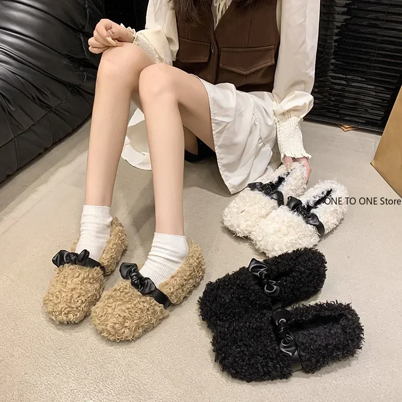 2025 Luxury Woman Shoes Woolen Fur Flats Warm Plush Women Candy Color Fur Loafers Ballerina Furry Moccasins Cozy Lambswool Flats