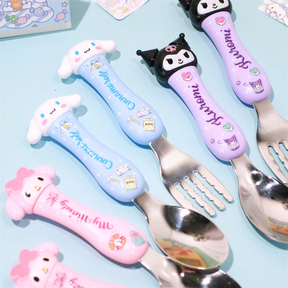 Sanrio Children's Stainless Steel Fork Spoon Set Cartoon Cute Hello Kitty Cinnamonroll Portable Boxed Tableware Set for Baby