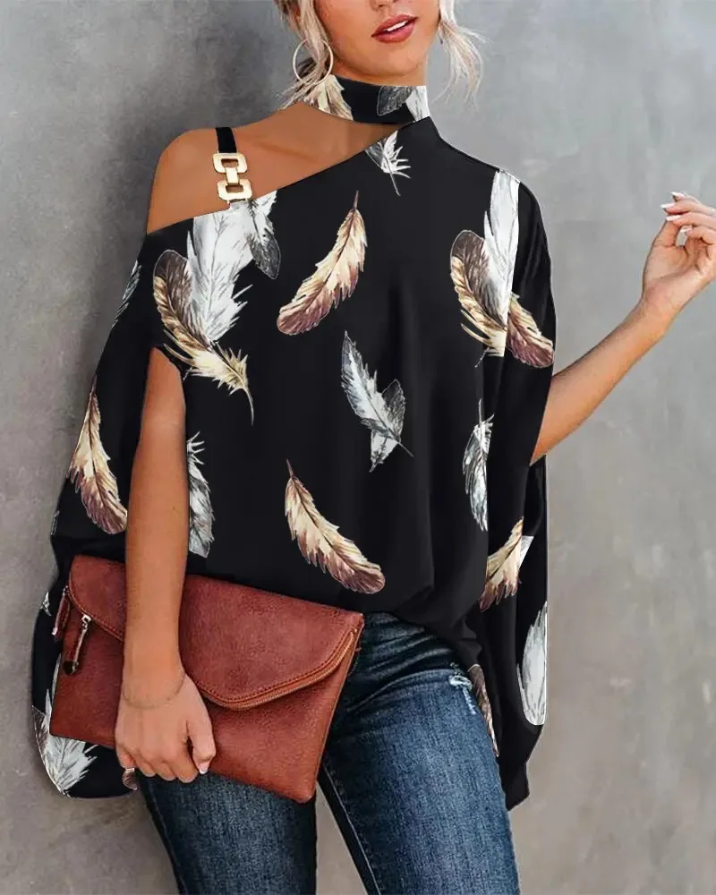 Women Floral Print One Shoulder Batwing Sleeve Choker Neck Blouse Casual Loose Top