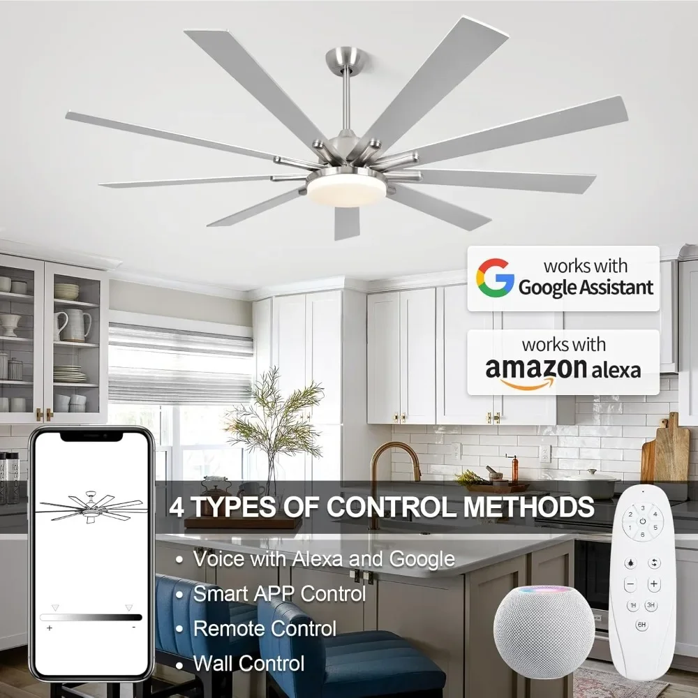 Outdoor ceiling fan with lights, 72 inches with remote control, 9 fan blades, dimmable, reversible, 6-speed, 3-color temperature