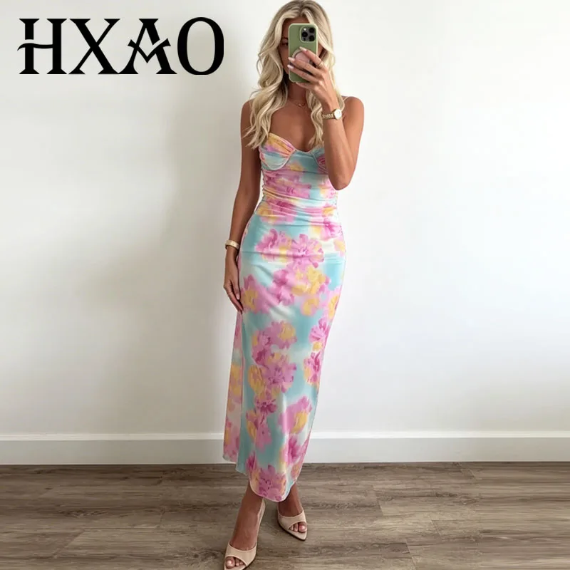HXAO Blumen-Slip-Kleid mit Mesh-Print, Midi-Kleider für Damen, Sommer, rückenfrei, ärmellos, Vestidos, schulterfrei, Falten, schlankmachendes Kleid