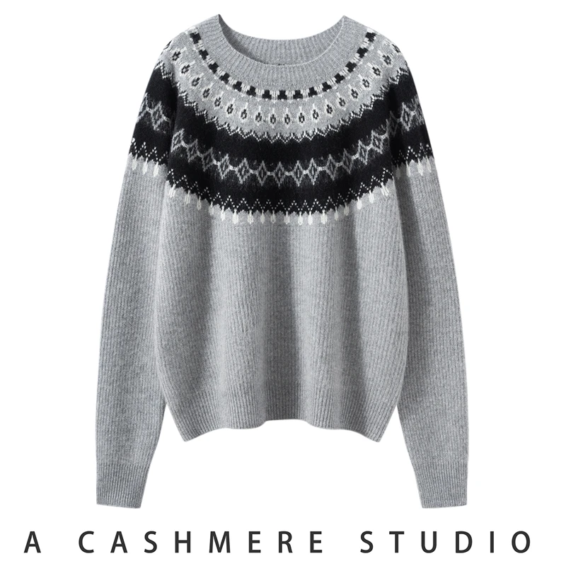 

Women Cashmere Sweater Fair Isle Jacquard Pullover Autumn Winter Vintage Thicken 100% Cashmere Knitwear Loose Raglan Sleeve Tops