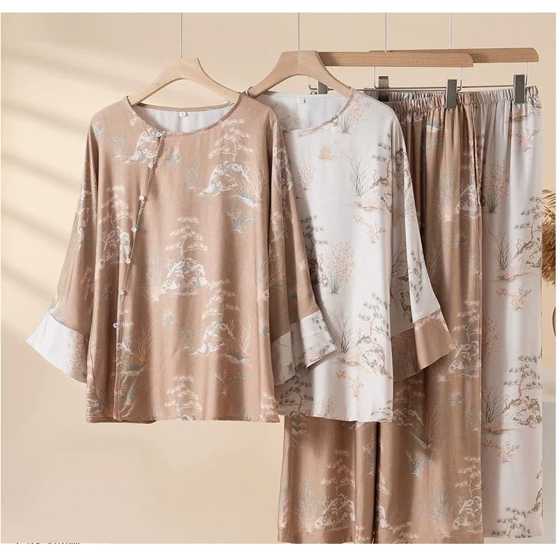 

Комплект пижамы из сатина Reyon: женская дышащая пижама в китайском стиле с круглым вырезом и асимметричной планкой, для дома и улицы, на 3 сезона