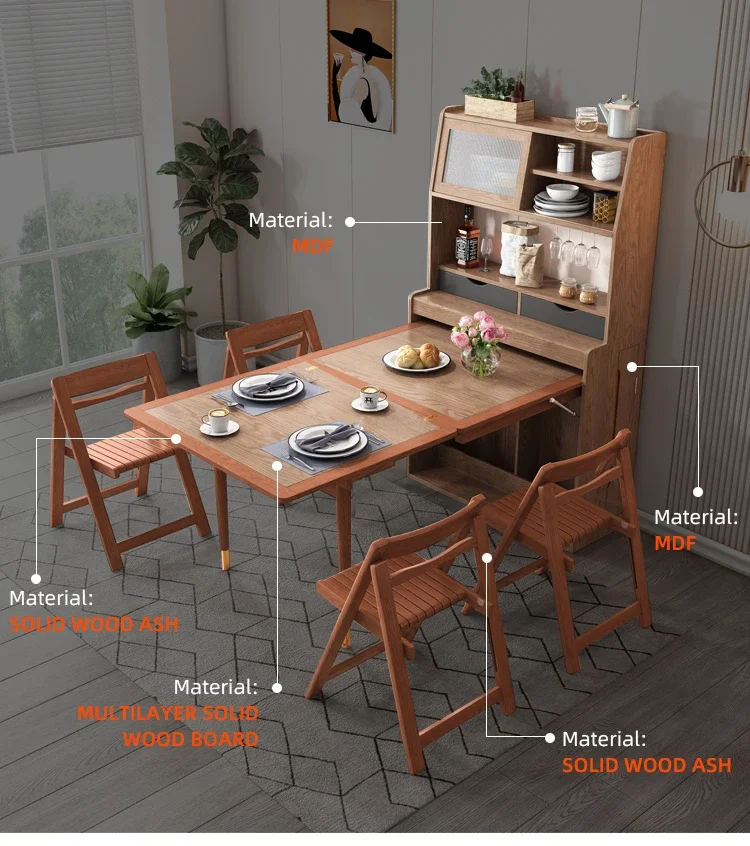 Modern Folding Extend Cabinet Foldable Dining Table Adjustable Ash Wooden Dining Room Furniture Set