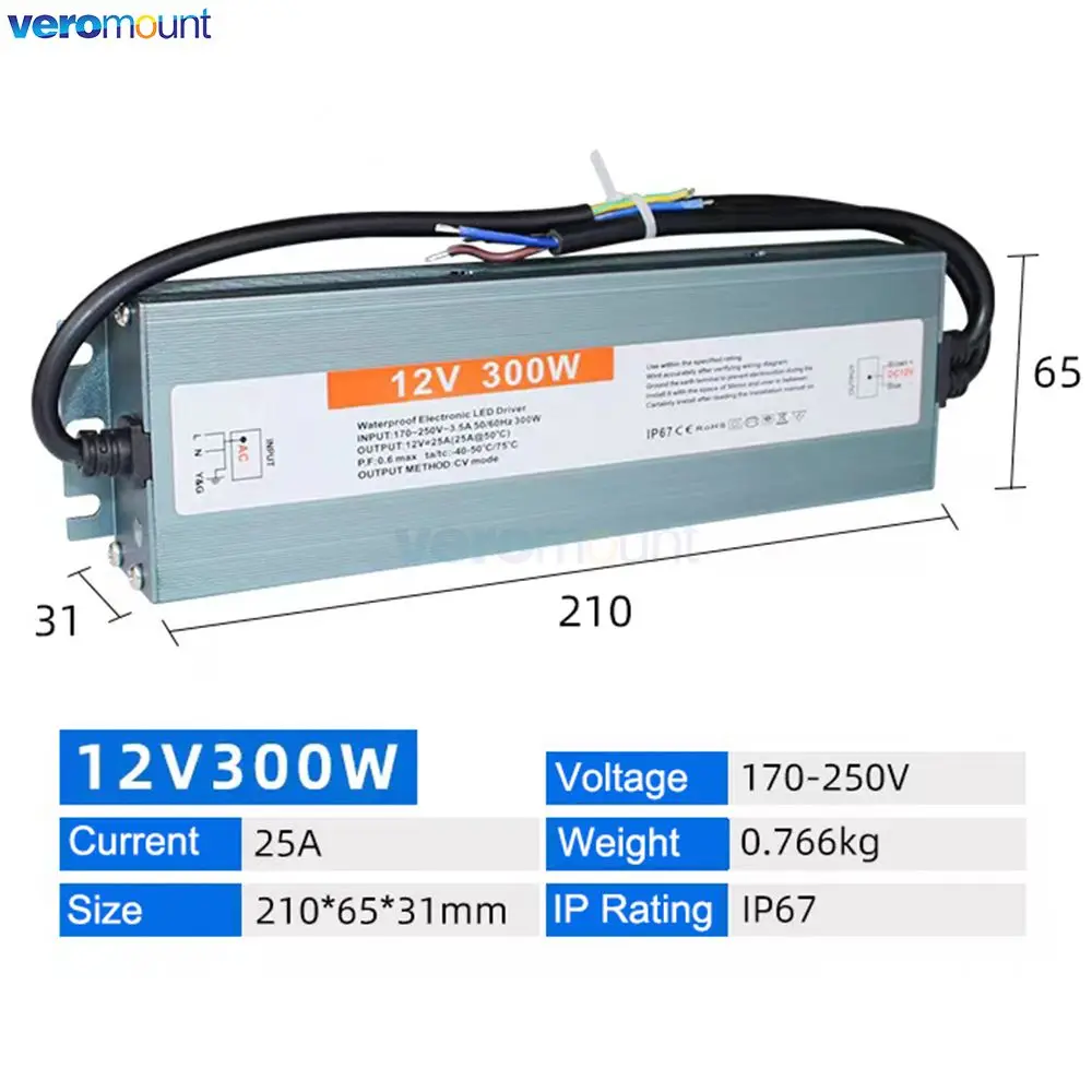 AC DC Transformers Power Supply Outdoor IP67 Waterproof  Switching Power Supply AC 220V to DC 12V 24V 100W 150W 200W 300W 350W