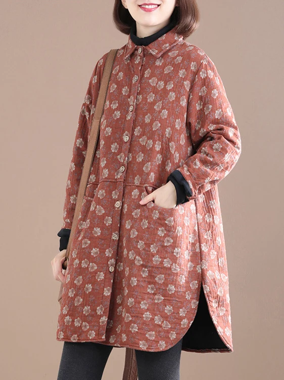 

Retro Floral Print Fce Lined Thiened irt Jaet Large Size Women's Sli Collar Versatile Mid-Length Open Cardigan