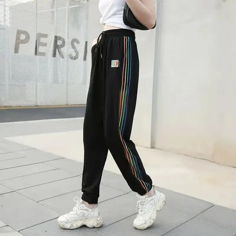 Women's Summer Cropped Sweat Pants Fashion Hot Womens Trousers Casual Joggers Jogging Stripe Sweatpants Ice Silk Harem Sarouel