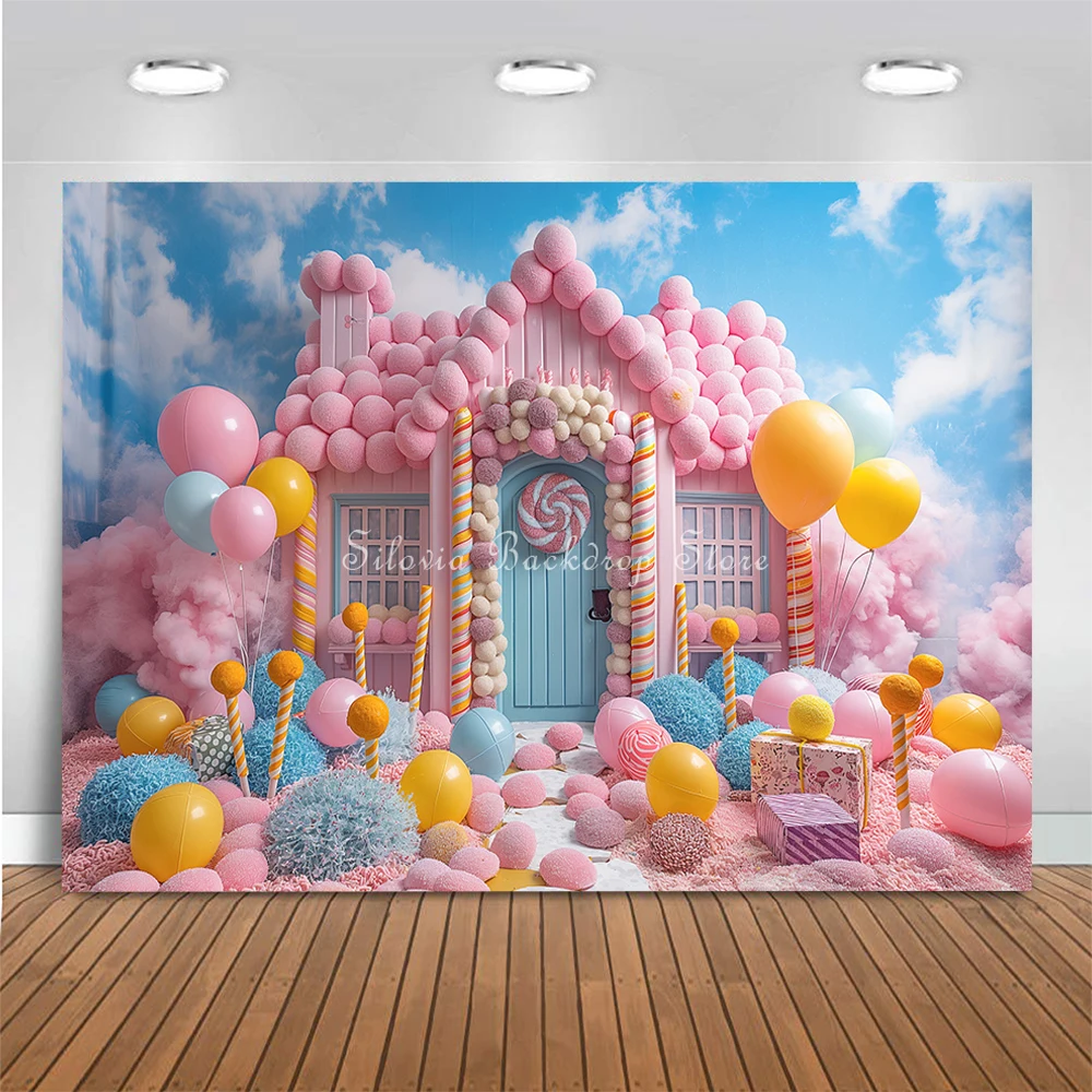 Sweet Candy House Photo Background Birthday Cake Smash Photography Backdrop Cotton Candy Lollipops Balloon Photo Studio Props