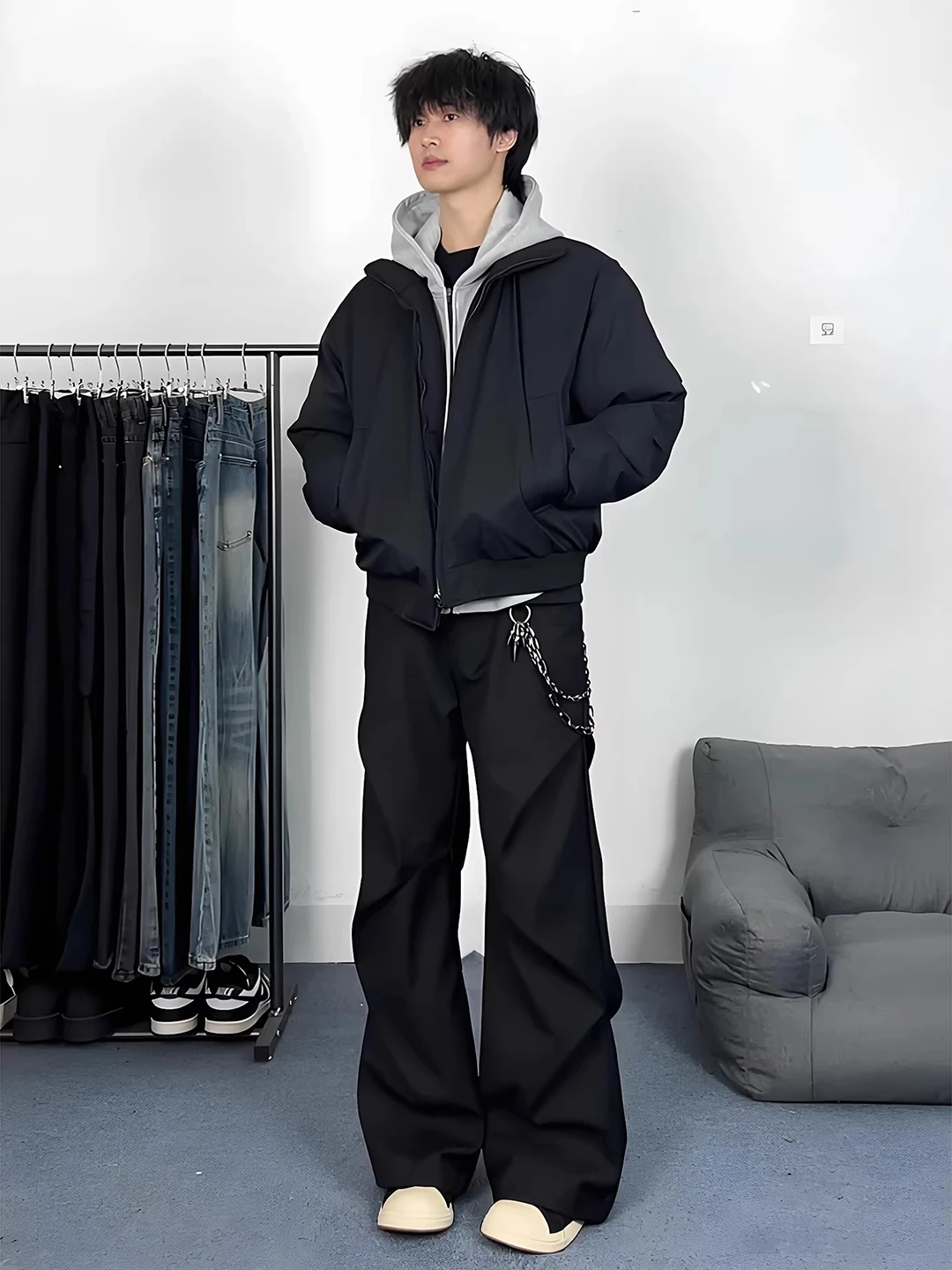 

Cleanfit Men's Bla Pleated Fce Lined Straight Leg Casual Pants Autumn Winter Drapey Loose Fit Youth Faion Cool Sle