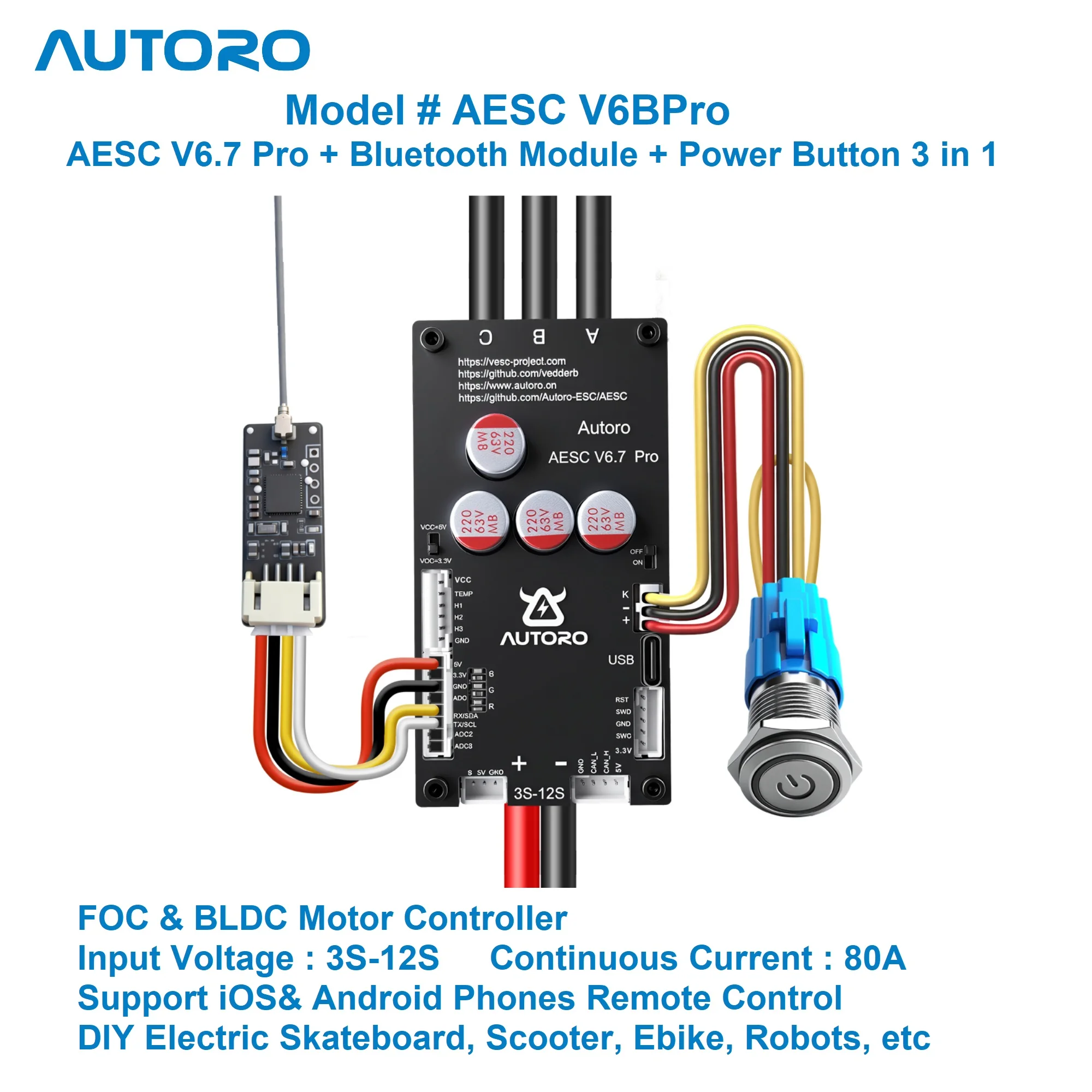 

Autoro ESC V6BPRO w/ Bluetooth Module BLDC FOC Motor Controller 12S 80A Sparkless VESC for DIY Electric Skateboard Scooter Robot