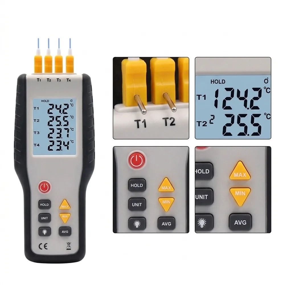 Industrial Grade 4 Channel Thermometer HT-9815 for Comparative Temperature Monitoring in Manufacturing and Calibration Tasks