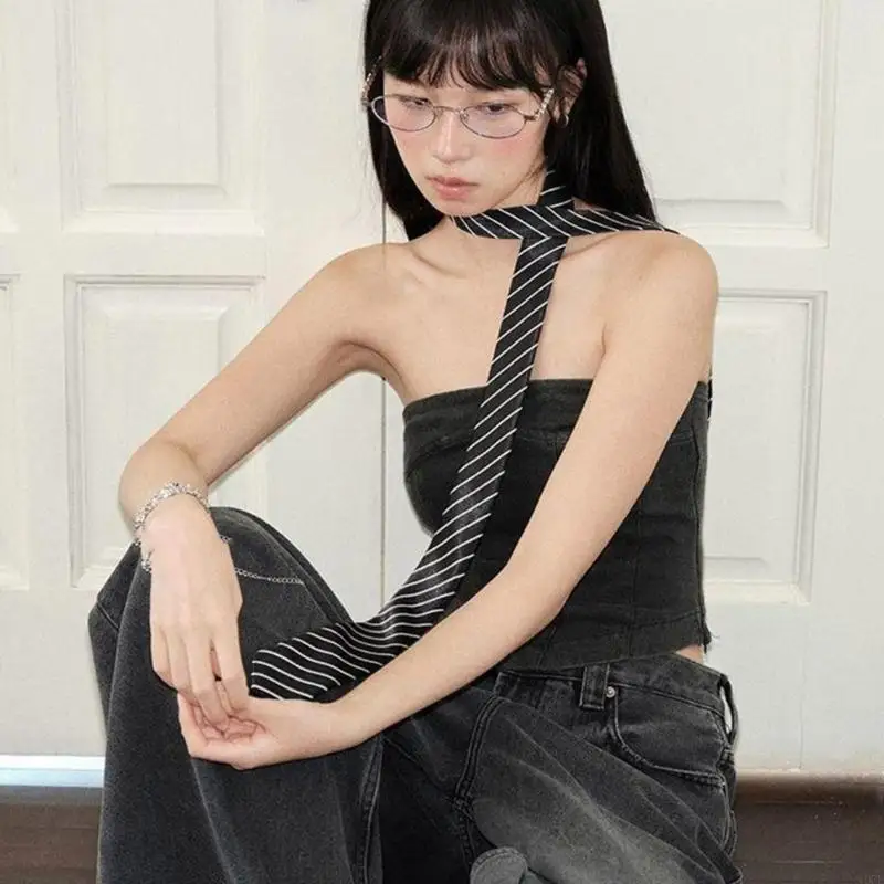 2000s Narrow Necktie Striped Design Nylon Blend Fabric Scarf Tie Multiple Styling Belt for Waist and Bag Neck Decoration 