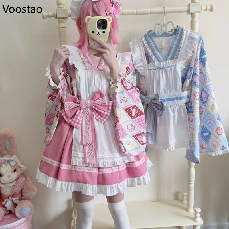 Japanese Sweet Lolita Kimono Dress Women Kawaii Cartoon Print Bow Apron Maid Cosplay Costumes Girls Vintage Animation Show Dress