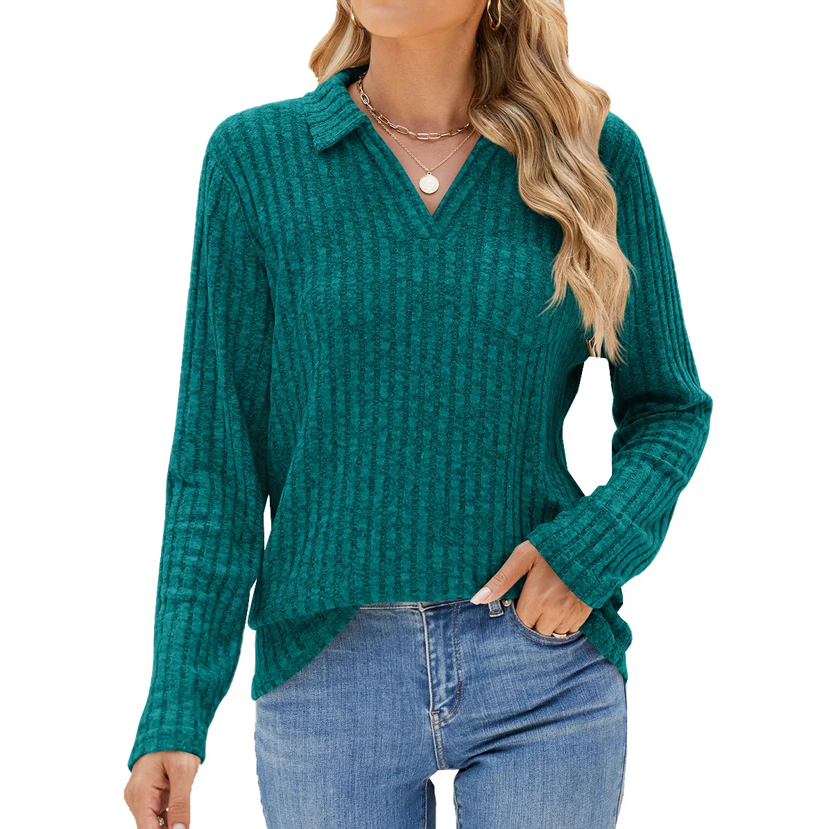 Elegant and Classic Versatile and Comfortable Autumn and Winter Lapel Pit Stripes Knitted Loose Long-sleeved T-shirt Tops