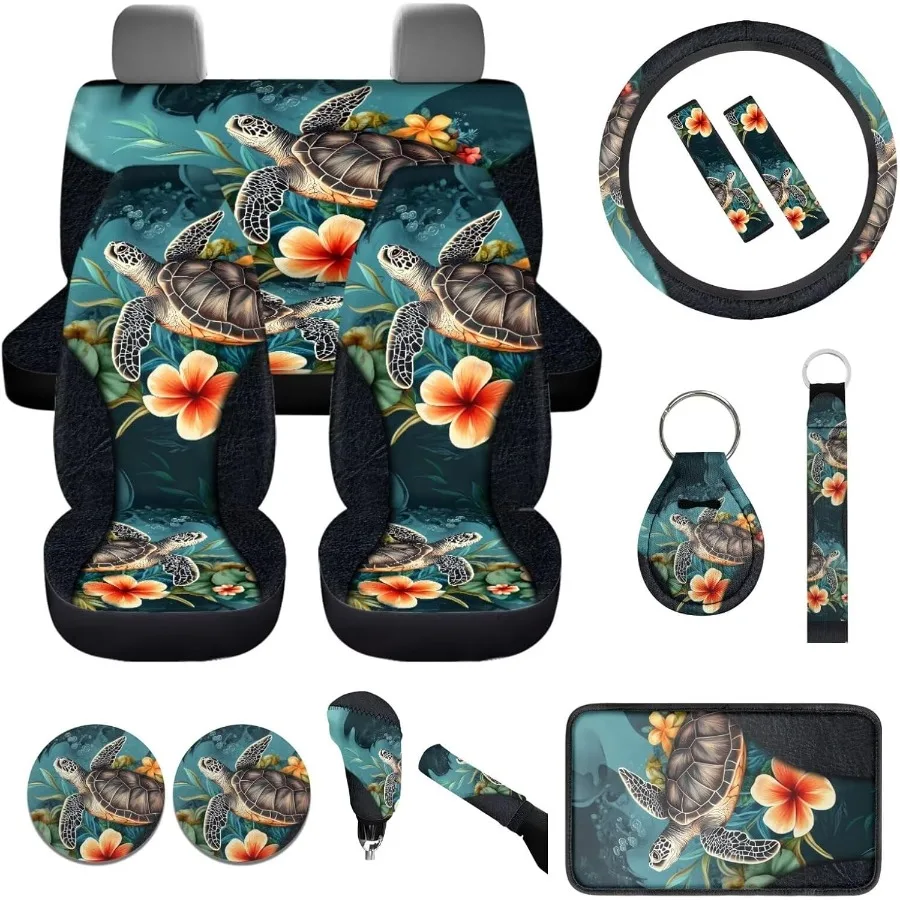 

Hawaiian Sea Turtle Car Seat Covers Set 14 Pcs Boho Car Accessories for Truck SUV with Steering Wheel Cover Cup Holder Pads Arm