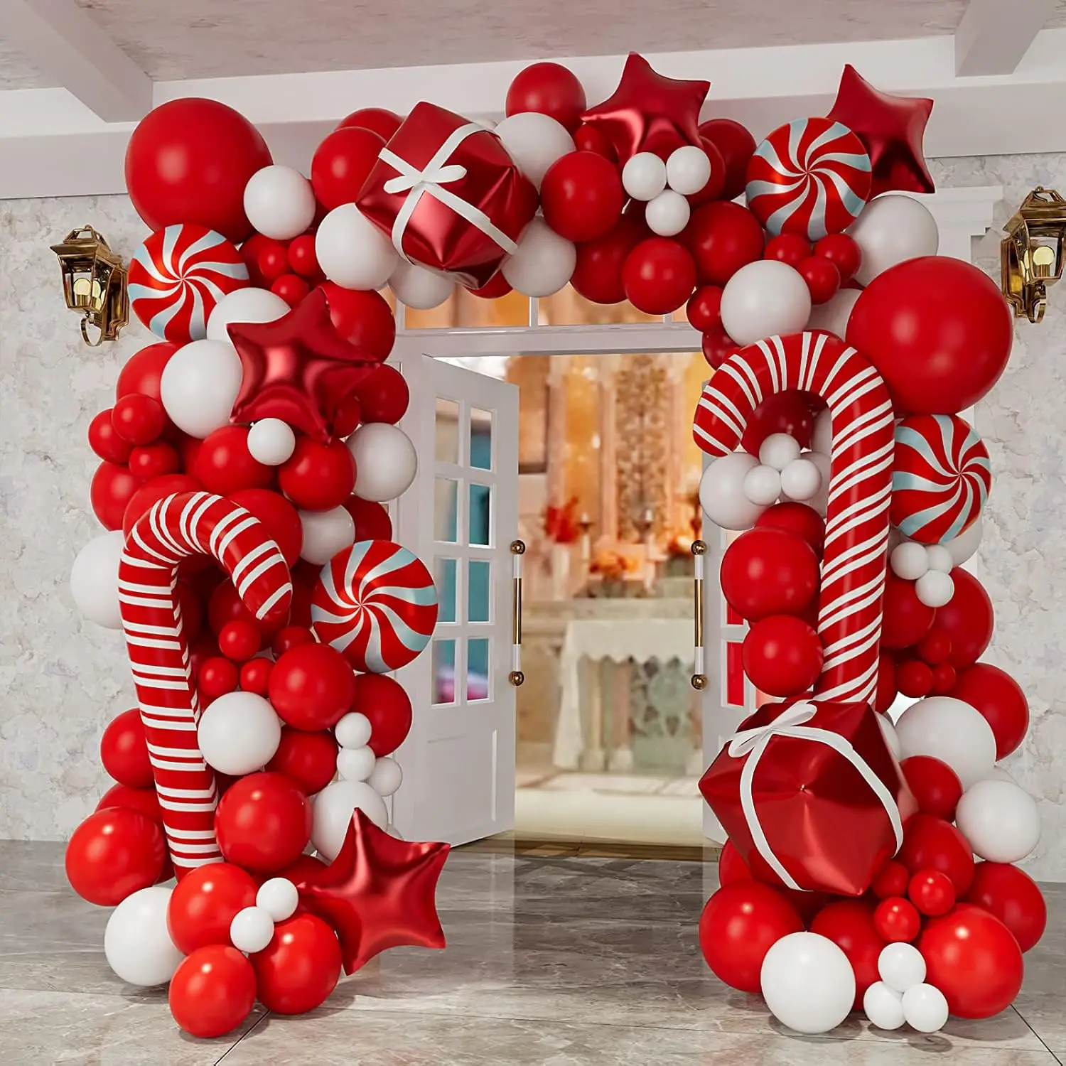 115PCS Christmas Balloon Garland Arch Kit with Red Star Balloons Candy Cane Balloons for Merry Christmas Party Decorations