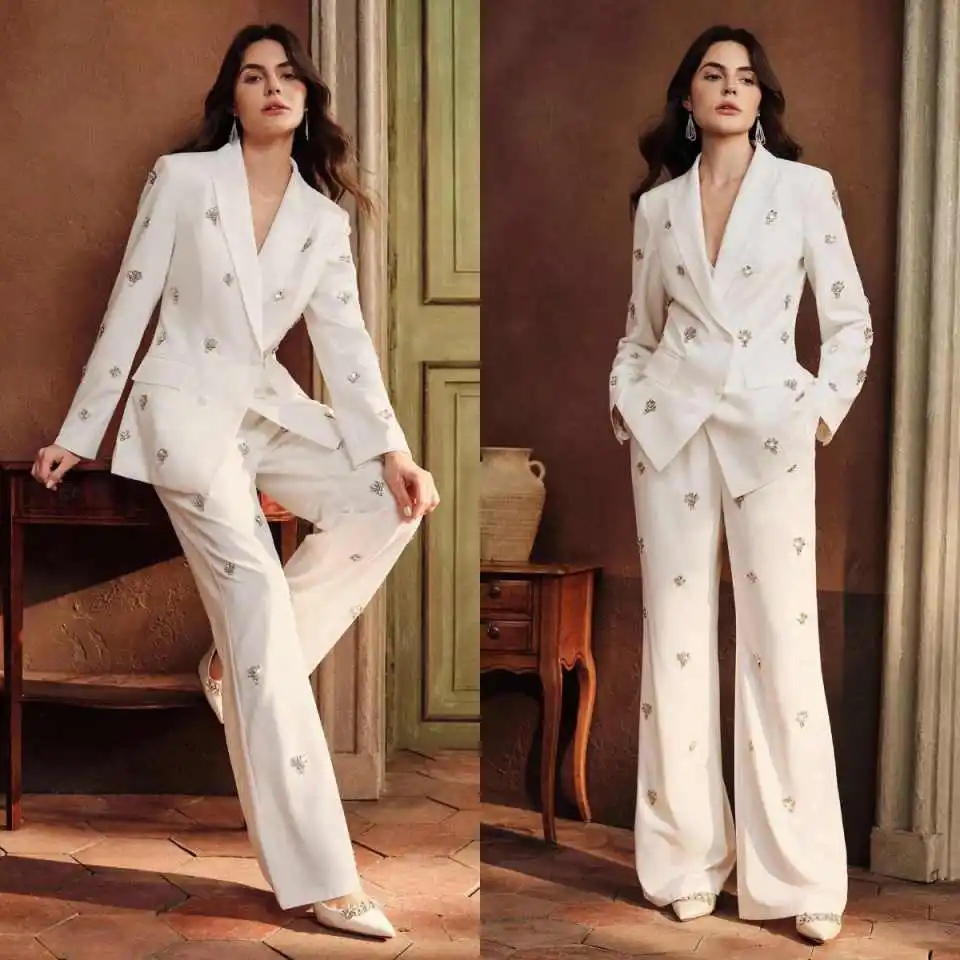 

Elegant Crystals Women Suits One Button Office Ladies Work Plus Size Birthday Party 2 Pieces Customized Outfits