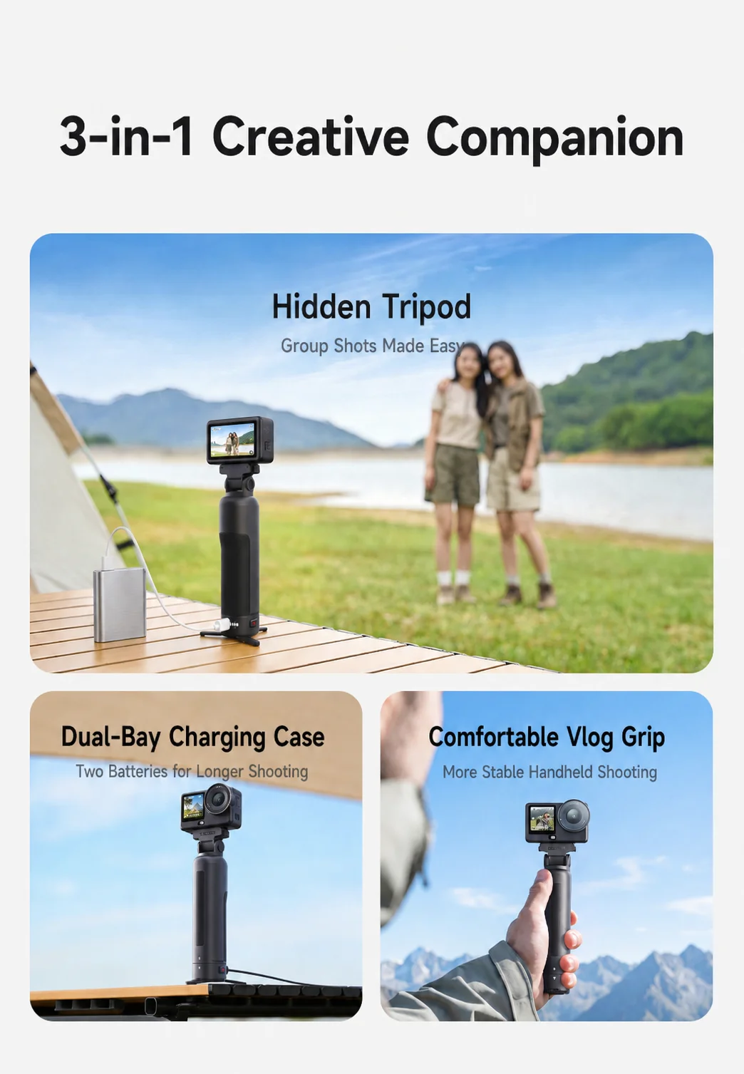 TELESIN 3-in-1 Action-Kamera-Ladehandgriff Doppel-Akku-Schnellladegerät Vlog-Griff Stativ für DJI Osmo Action 6 5 Pro Osmo 360 – Detail 2