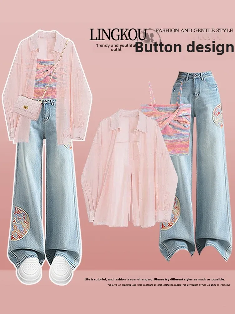 

Summer Large Size Dopaamine Inspired Women's Set Pink Sun Protection Top Strap Vest with Denim Jeans Three Piece Suit