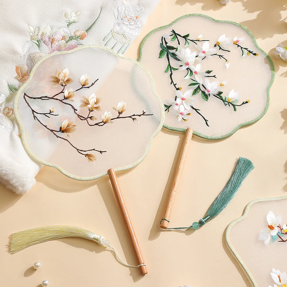 Embroidered Group Fan Ancient Style Fan Summer Long Handled Tassel Dance Hanfu Palace Fan Children\'s Cheongsam Round Fan