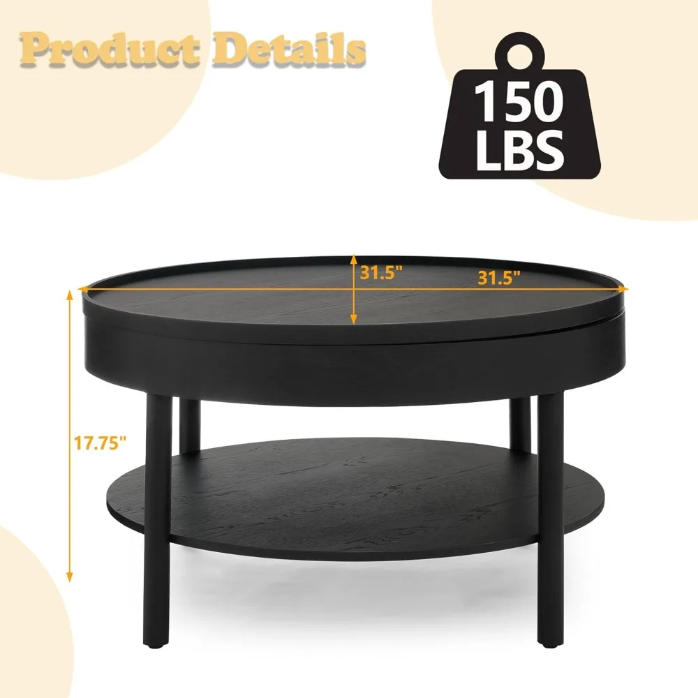 Circular Coffee Table, Living Room Table with 3-Layer 31.5 Inch Storage Rotating Tabletop, 3-Layer Tea Table Made Entirely of Ru