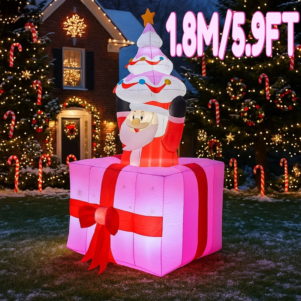 1.8M/5.9FT Inflatable Santa Claus with Christmas Tree Gift Box Lights LED Home Decor Yard Xmas Supplies Holiday Lighting Decor