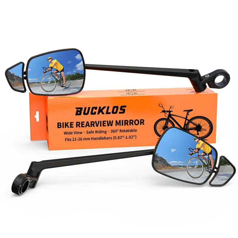 Specchietto retrovisore per bici BUCKLOS, doppia lente, staffa in alluminio girevole a 360°, braccio esteso, adatto per manubri da 21 a 26 mm, ciclismo all'aperto