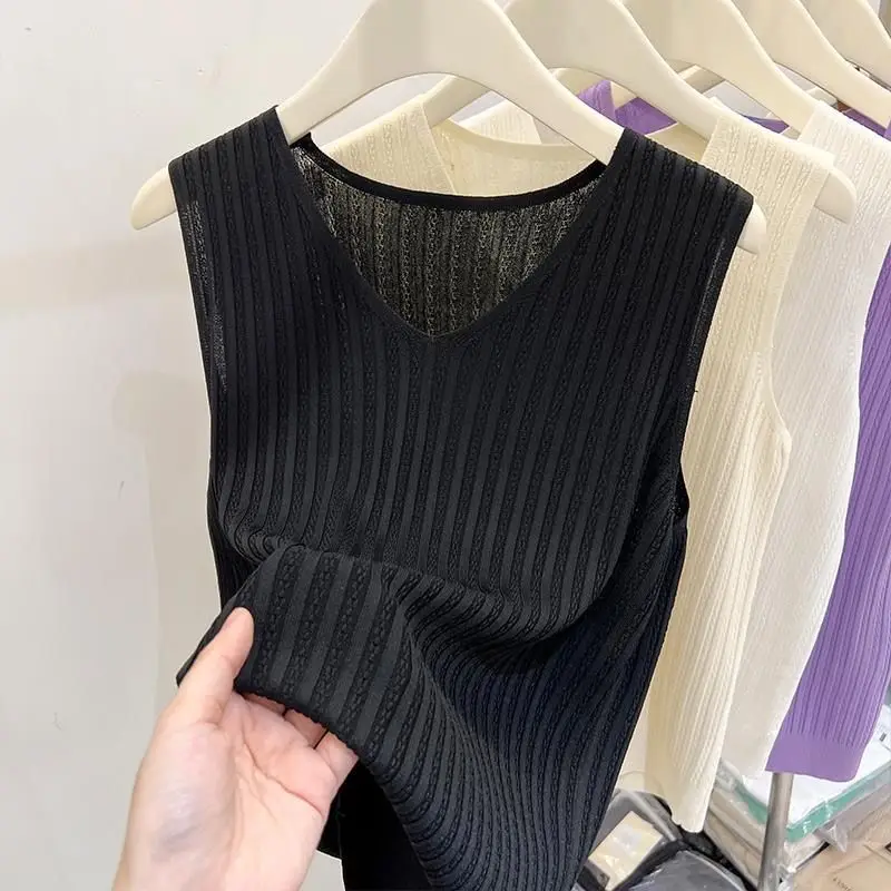 Women Solid Ribbed Knitted Summer Tank Top V-neck Ultra-thin Slim Sleeveless Soft Top Comfortable Multicolor Casual Camisole