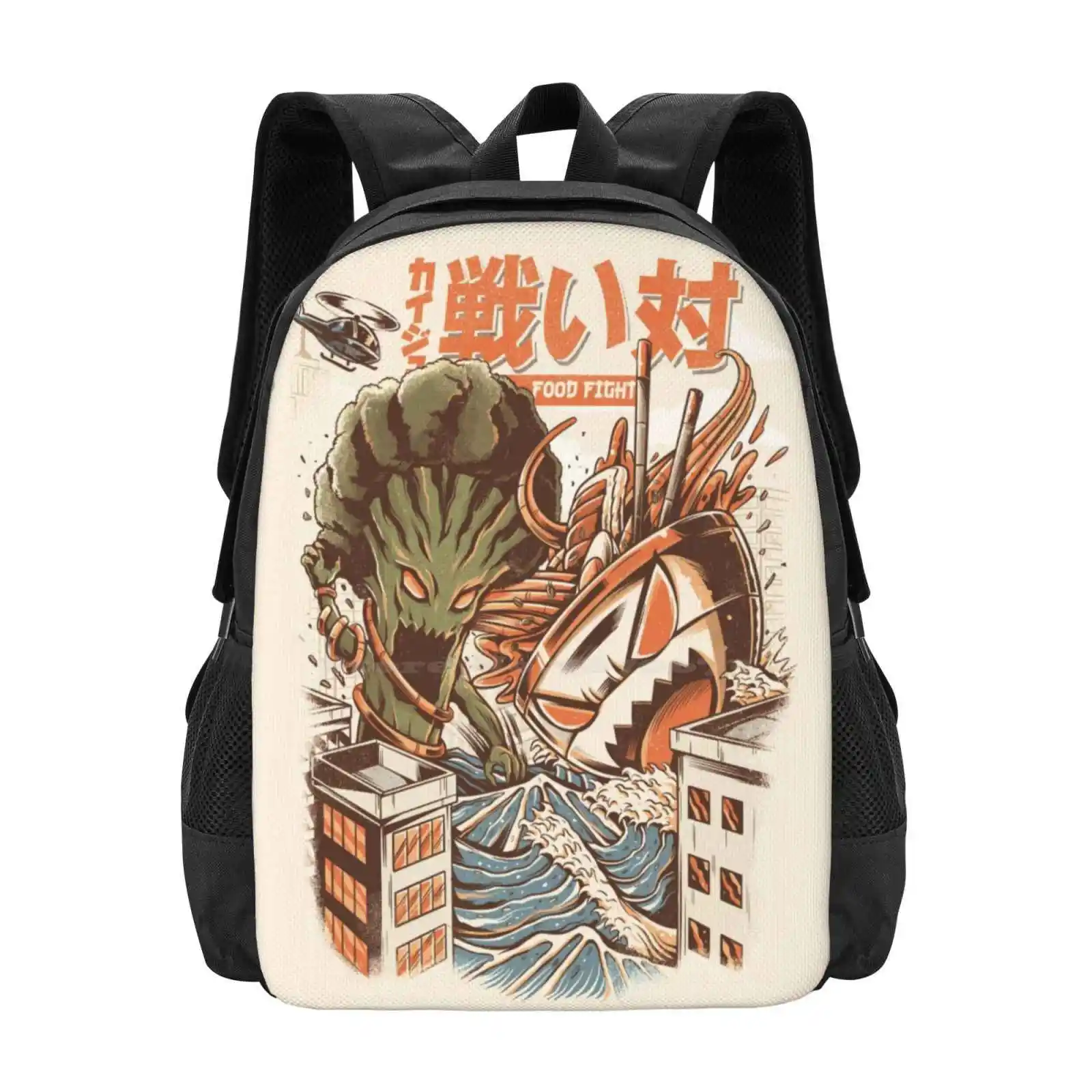 Brocco Vs Ramen Kaijus Teen College Student Backpack Pattern Design Bags Sushi Great Wave Off Kanagawa Kaiju Japanese Food