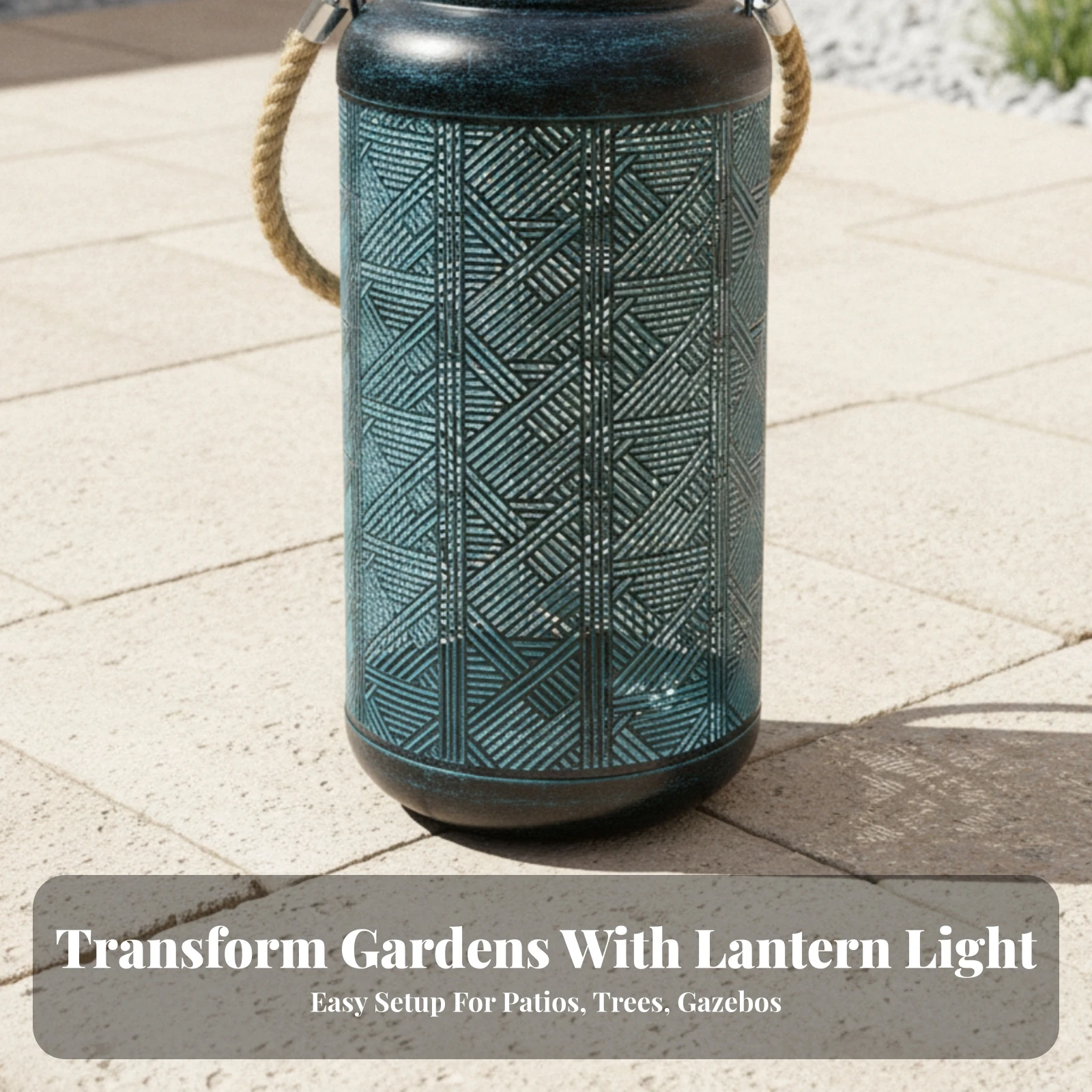 Iron Solar Lantern with Cutout Pattern Retro Solar Light with Handle Lamp Compact for Garden, Patio