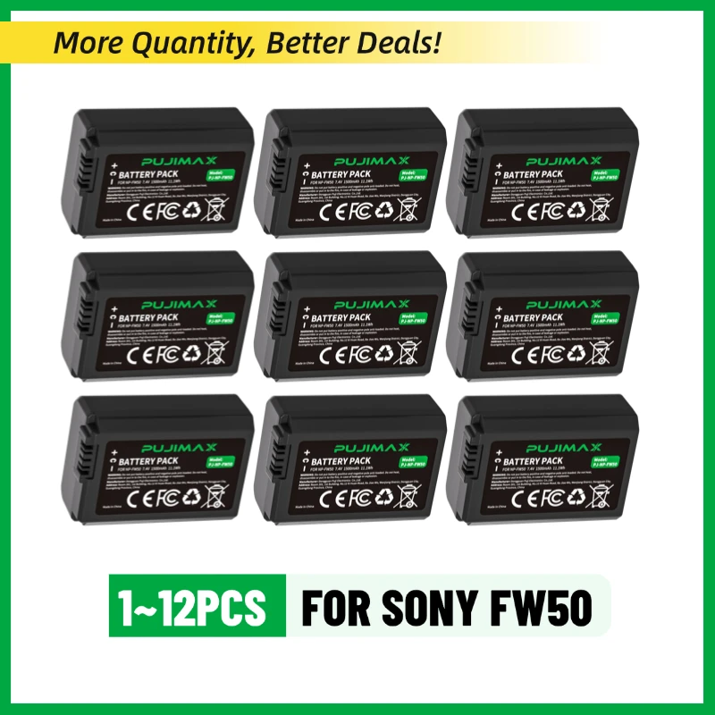 PUJIMAX NP-FW50 1500mAh Lithium Camera Battery for Sony ZV-E10 A6400 A6500 A6000 A7 II A7R II A7S II A5100 A5000 NEX-5T DSC-RX10