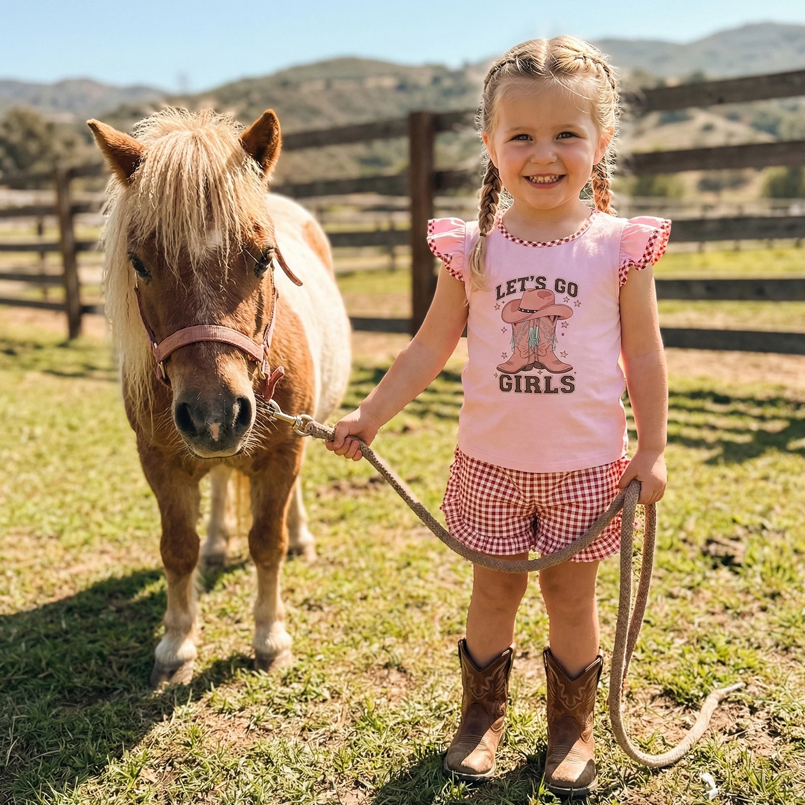 

Летние наряды для маленьких девочек, ковбойская шляпа в западном стиле, топы с принтом ботинок и рукавами-крылышками, с круглым вырезом, клетчатые шорты, комплект одежды из 2 предметов