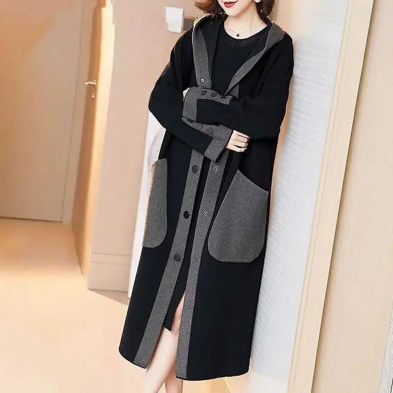 Fashion Hooded Button Spliced Pockets All-match Coats Women Clothing 2023 Autumn New Oversized Casual Tops Loose Commute Trench