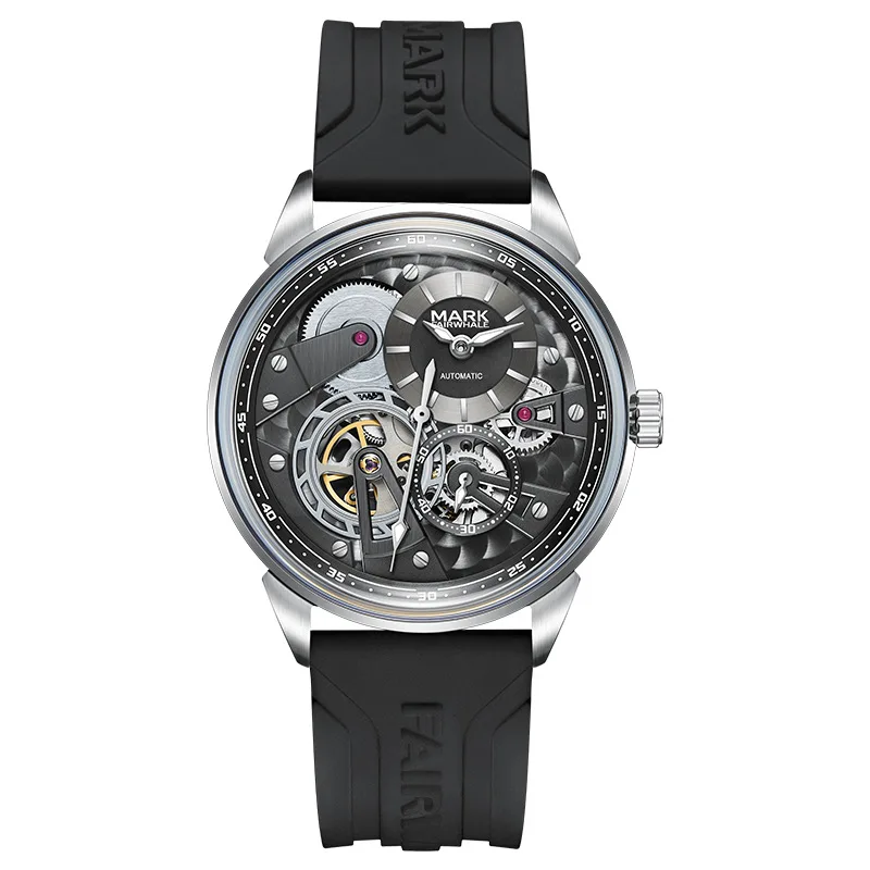 Luxury Business Skeleton Luminous Automatic Mechanical Watch for Men with Waterproof Round Rubber Strap Pin Buckle