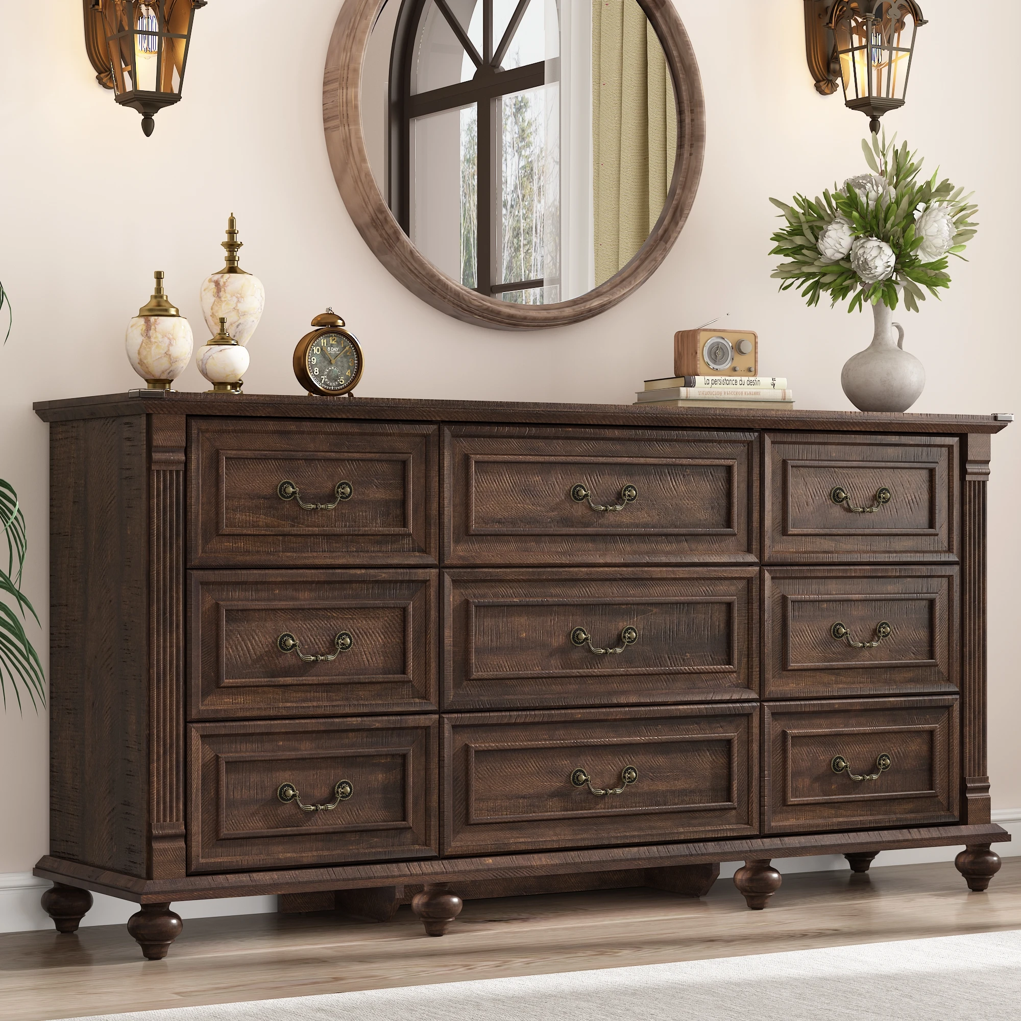 Dresser for Bedroom, Wooden Rustic 9 Chest of Drawers, Farmhouse Drawer Dresser for Living Room, Storage Drawer Cabinet