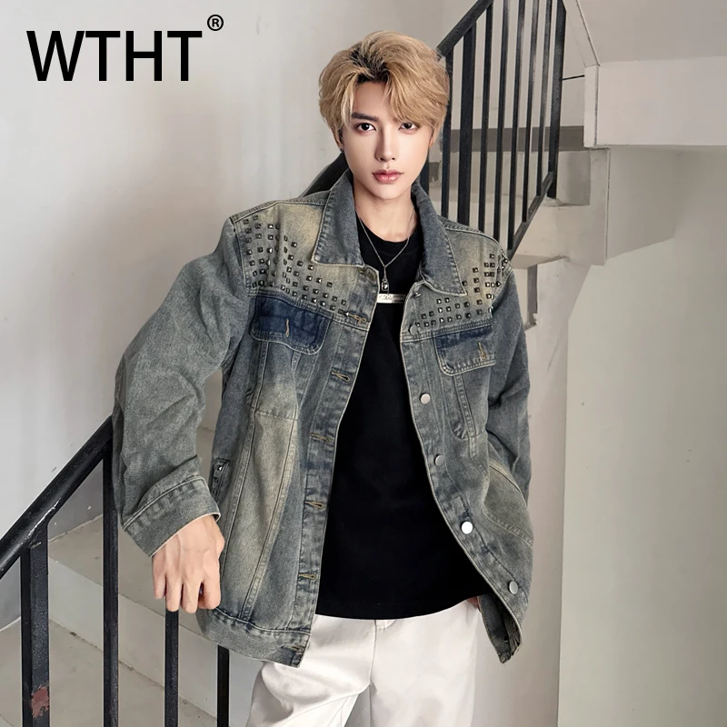 

WTHT Fashion Men's Heavy Industy Spliced Rivet Denim Coats Vintage 2025 Autumn Lapel Single Breasted Jackets Male 2A2121