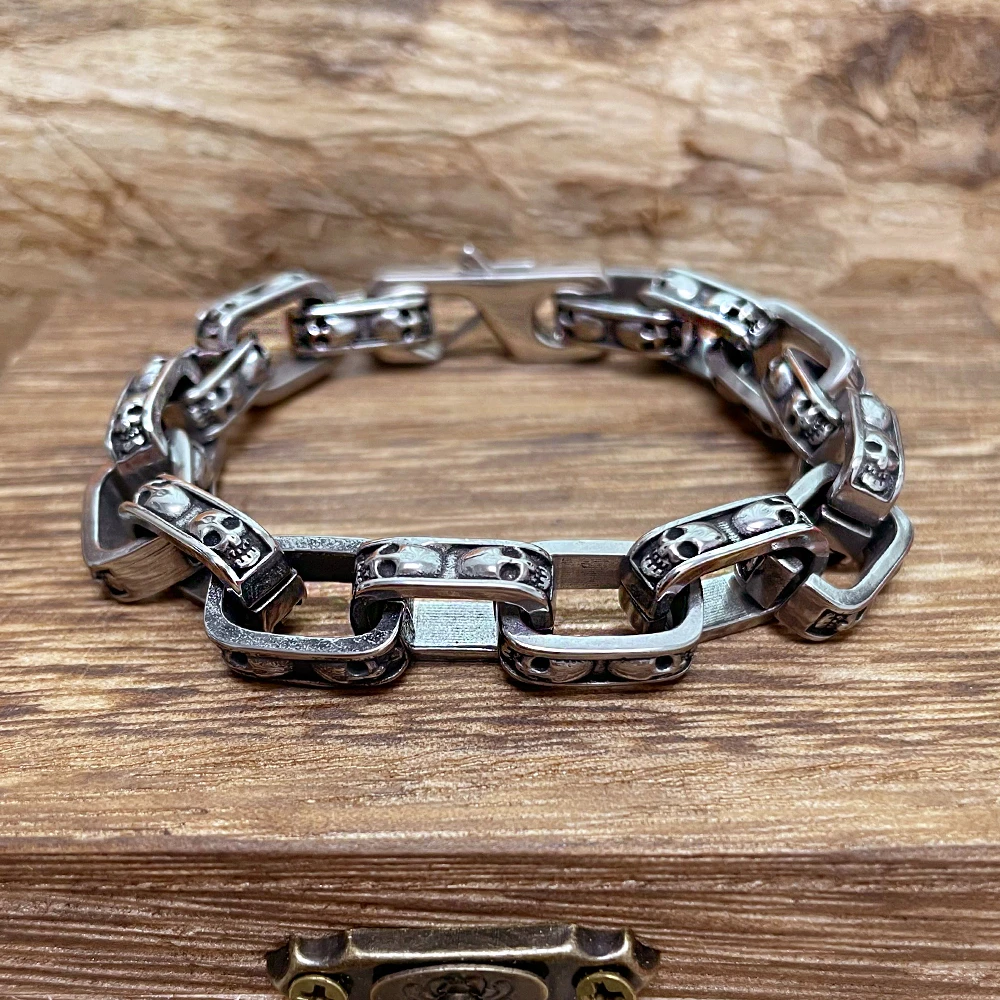 Gothic Punk Skull Bracelet Viking Curb Cuba Chain Bangle Men Women Never Fade Stainless Steel Biker Wristband Charm Jewelry Gift